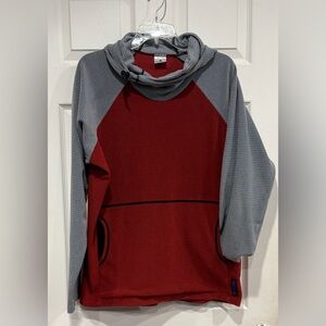 Melanzana Women's Large Micro Grid Hoodie Red Maroon Grey Jacket GUC Microgrid